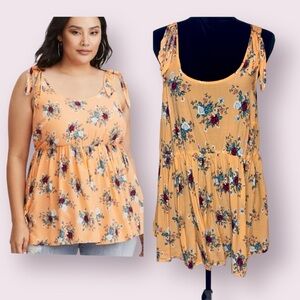 Torrid Babydoll Challis Floral Tank Top Tie Straps Peach Size 1X  14/16